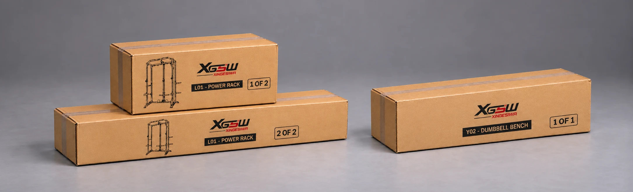 Packaging overview for L01 B: Power Rack + Weight Bench, 3 boxes.