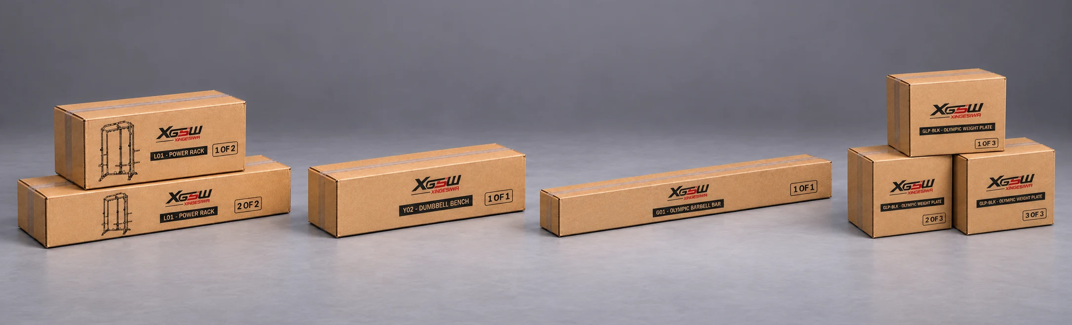 Packaging overview for L01 C: Power Rack + Weight Bench + Olympic Barbell + Rubber-Coated Cast-Iron Plates, 7 boxes.