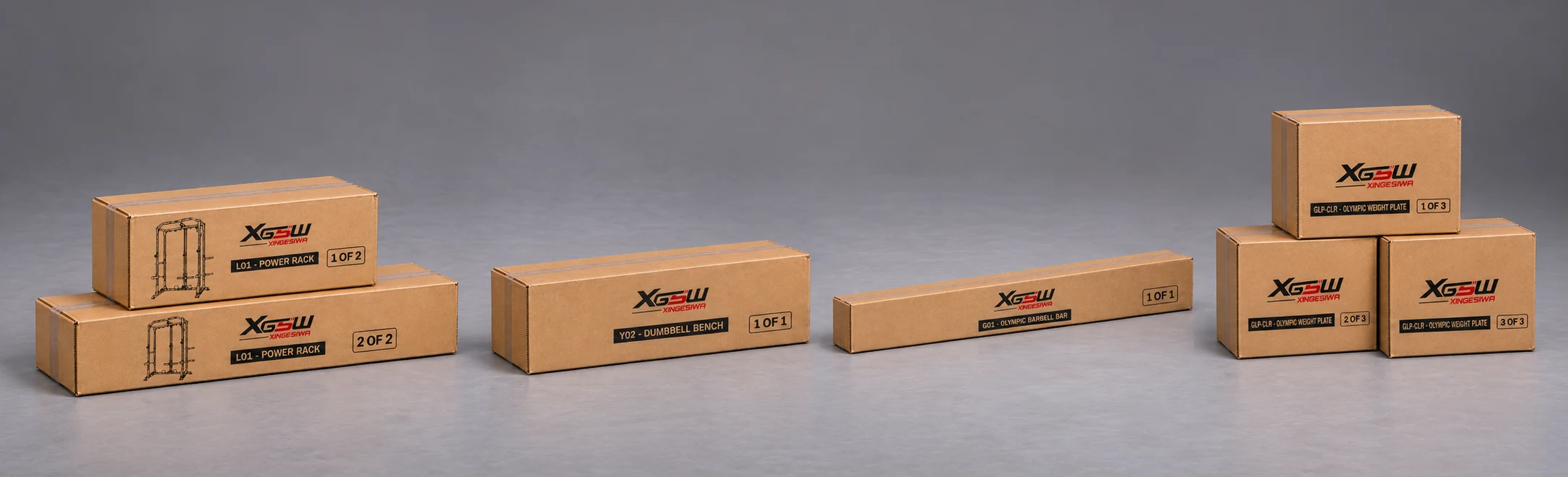 Packaging overview for L01 D: Power Rack + Weight Bench + Olympic Barbell + Rubber Plates, 7 boxes.