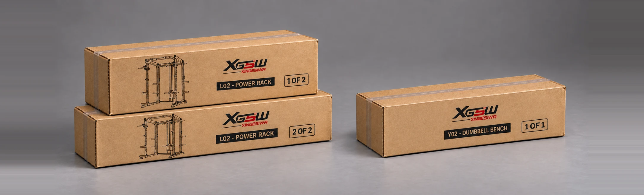 Packaging overview for L02 B: Power Rack + Weight Bench, 3 boxes.