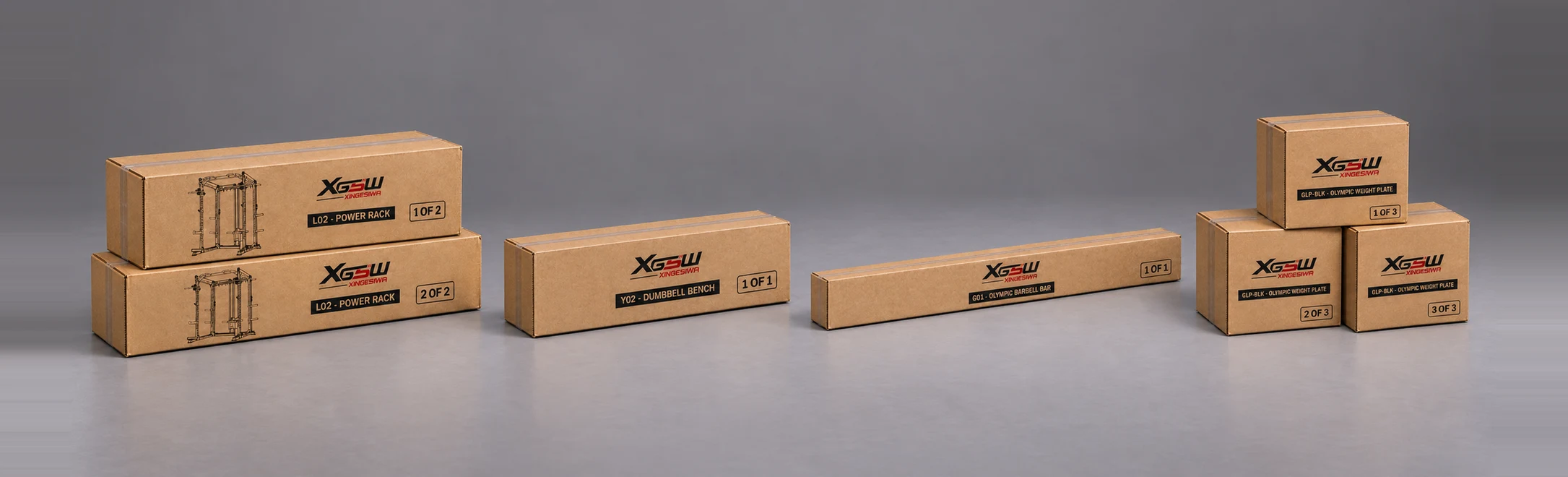 Packaging overview for L02 C: Power Rack + Weight Bench + Olympic Barbell + Rubber-Coated Cast-Iron Plates, 7 boxes.