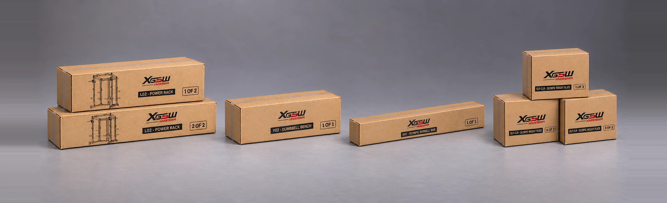 Packaging overview for L02 D: Power Rack + Weight Bench + Olympic Barbell + Rubber Plates, 7 boxes.