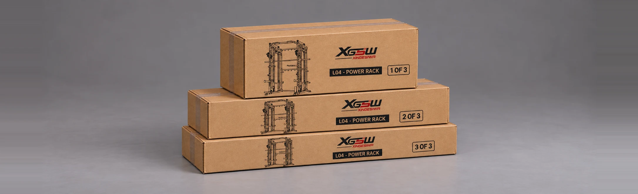 Packaging overview for L04 A: Power Rack only, 3 boxes.