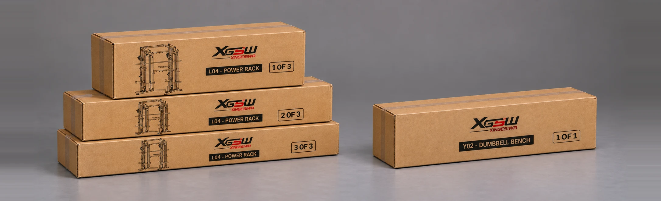 Packaging overview for L04 B: Power Rack + Weight Bench, 4 boxes.