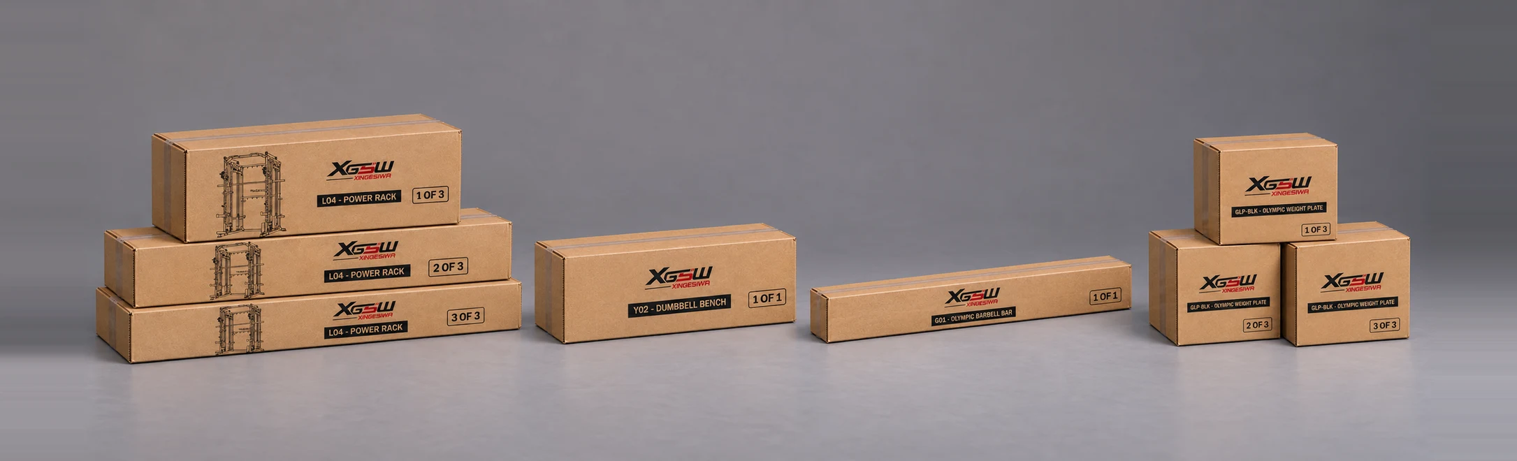 Packaging overview for L04 C: Power Rack + Weight Bench + Olympic Barbell + Rubber-Coated Cast-Iron Plates, 8 boxes.