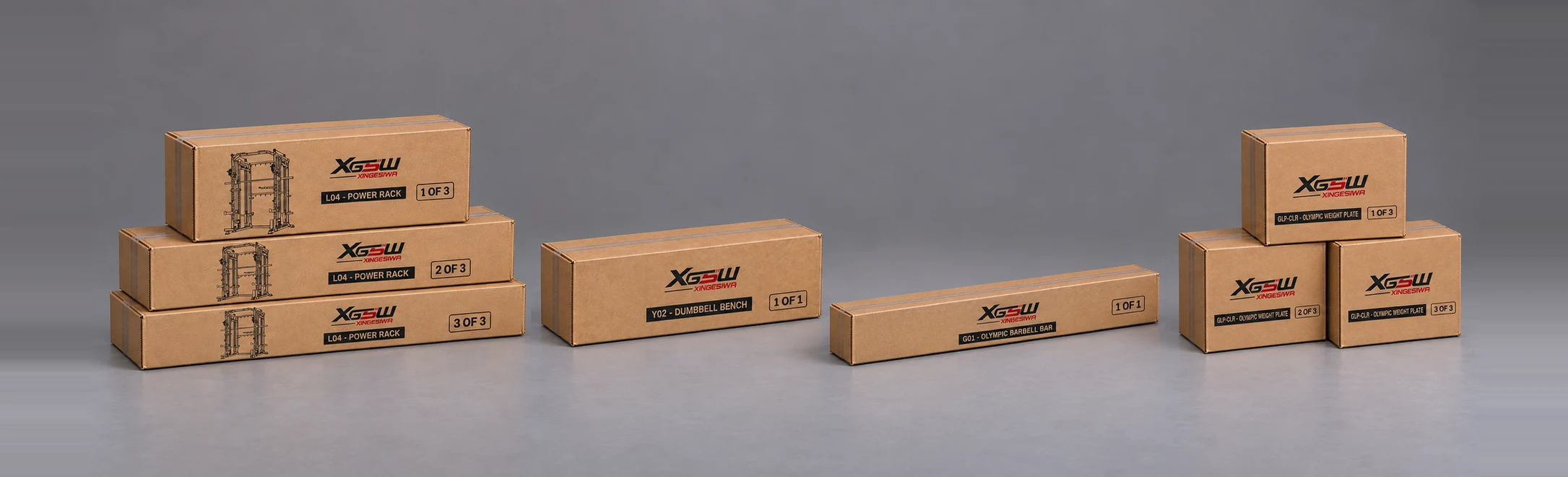 Packaging overview for L04 D: Power Rack + Weight Bench + Olympic Barbell + Rubber Plates, 8 boxes.