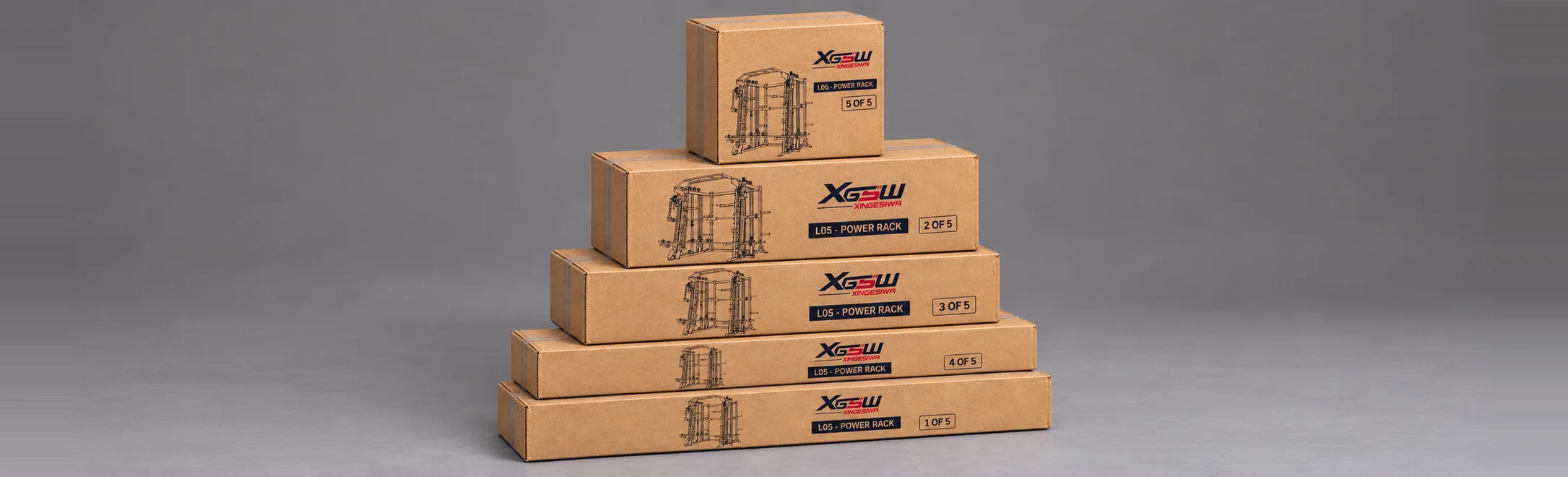 Packaging overview for L05 A: Power Rack only, 5 boxes.