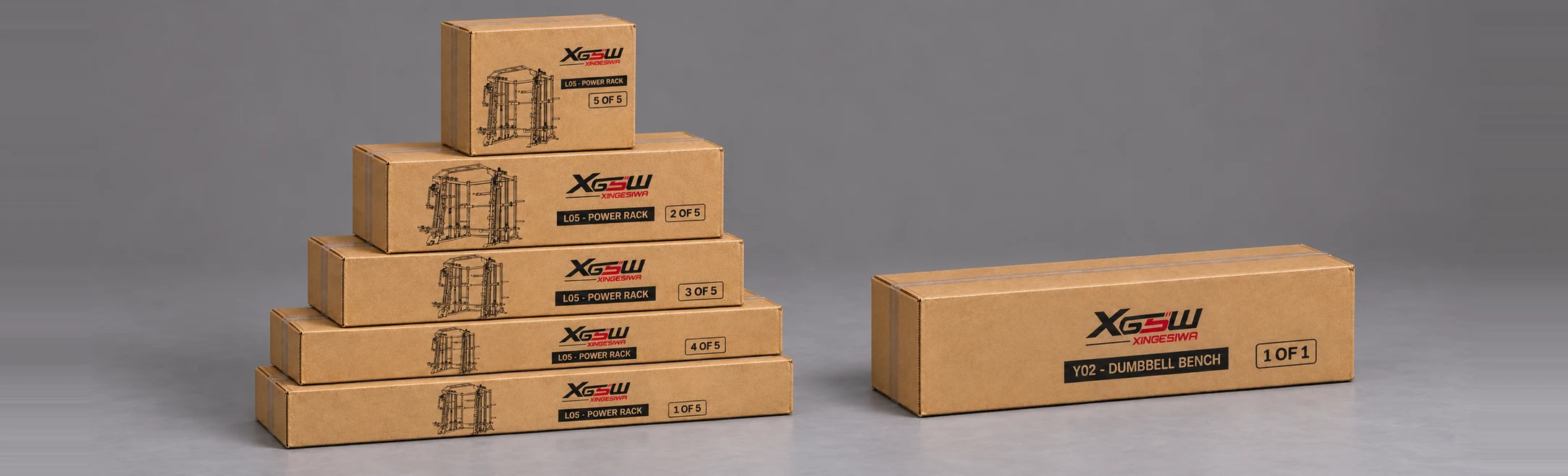 Packaging overview for L05 B: Power Rack + Weight Bench, 6 boxes.