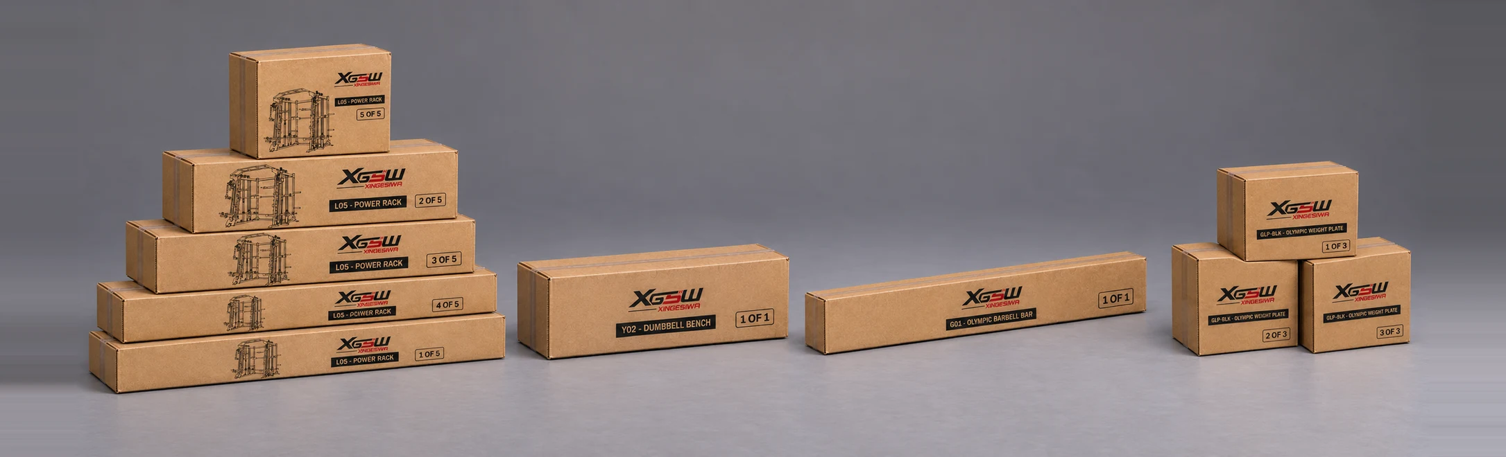 Packaging overview for L05 C: Power Rack + Weight Bench + Olympic Barbell + Rubber-Coated Cast-Iron Plates, 10 boxes.