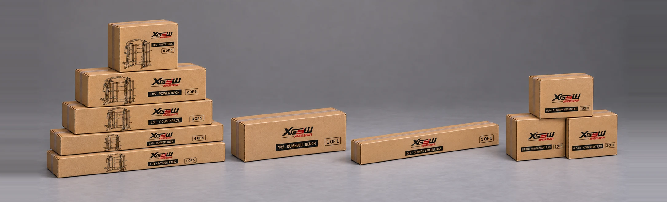 Packaging overview for L05 D: Power Rack + Weight Bench + Olympic Barbell + Rubber Plates, 10 boxes.