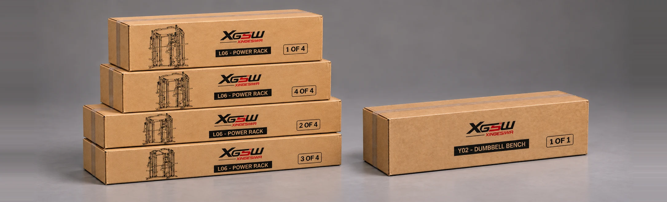 Packaging overview for L06 B: Power Rack + Weight Bench, 5 boxes.