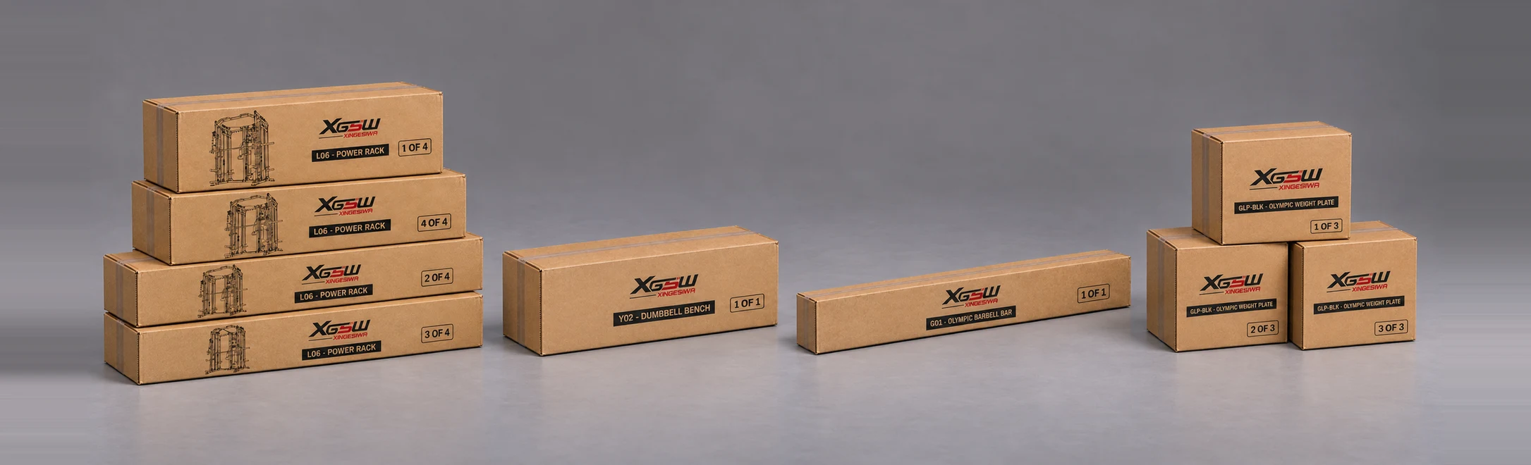 Packaging overview for L06 C: Power Rack + Weight Bench + Olympic Barbell + Rubber-Coated Cast-Iron Plates, 9 boxes.