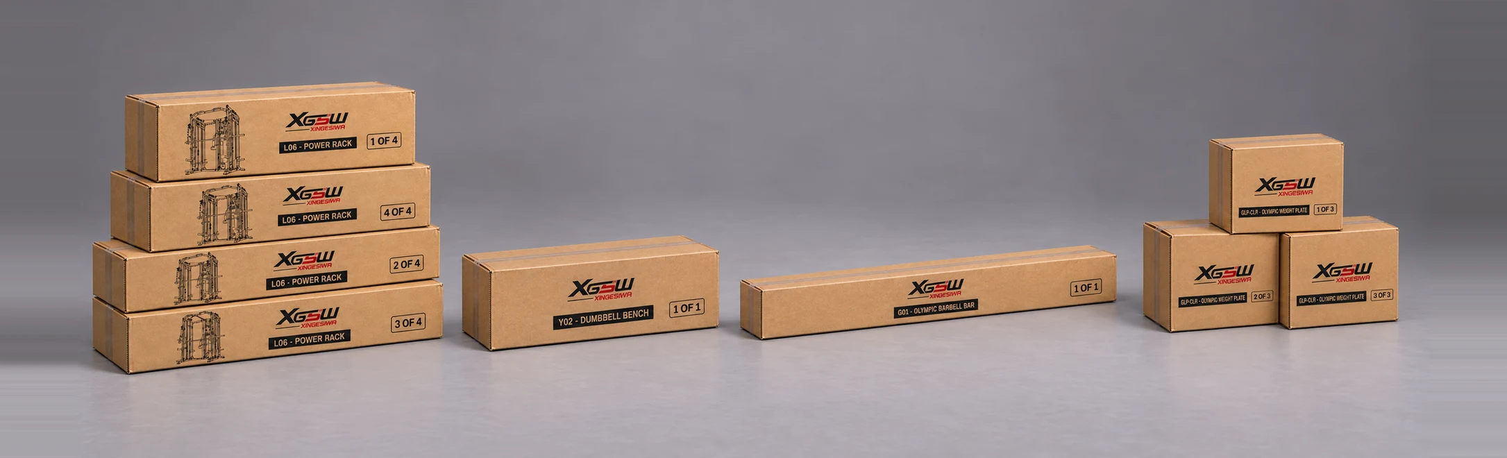 Packaging overview for L06 D: Power Rack + Weight Bench + Olympic Barbell + Rubber Plates, 9 boxes.
