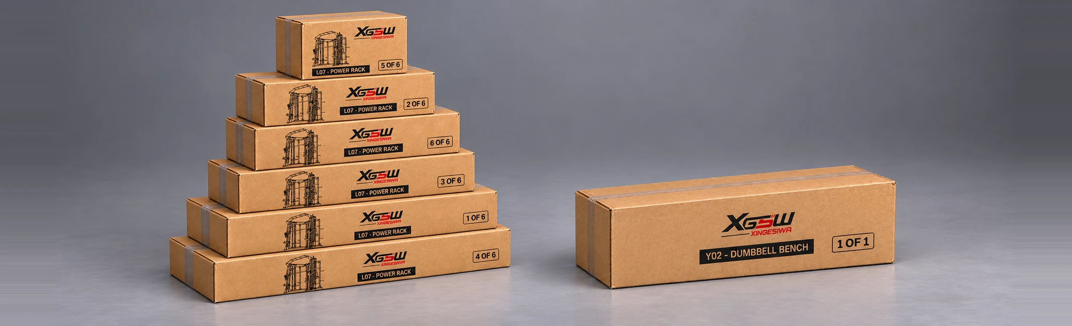 Packaging overview for L07 B: Power Rack + Weight Bench, 7 boxes.