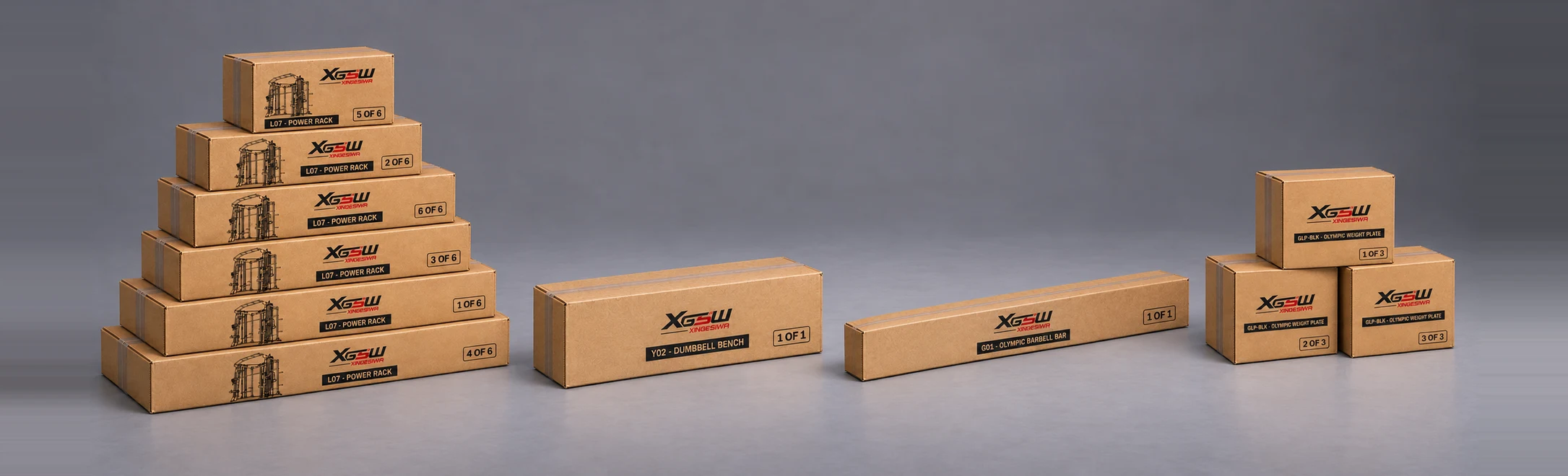 Packaging overview for L07 C: Power Rack + Weight Bench + Olympic Barbell + Rubber-Coated Cast-Iron Plates, 11 boxes.