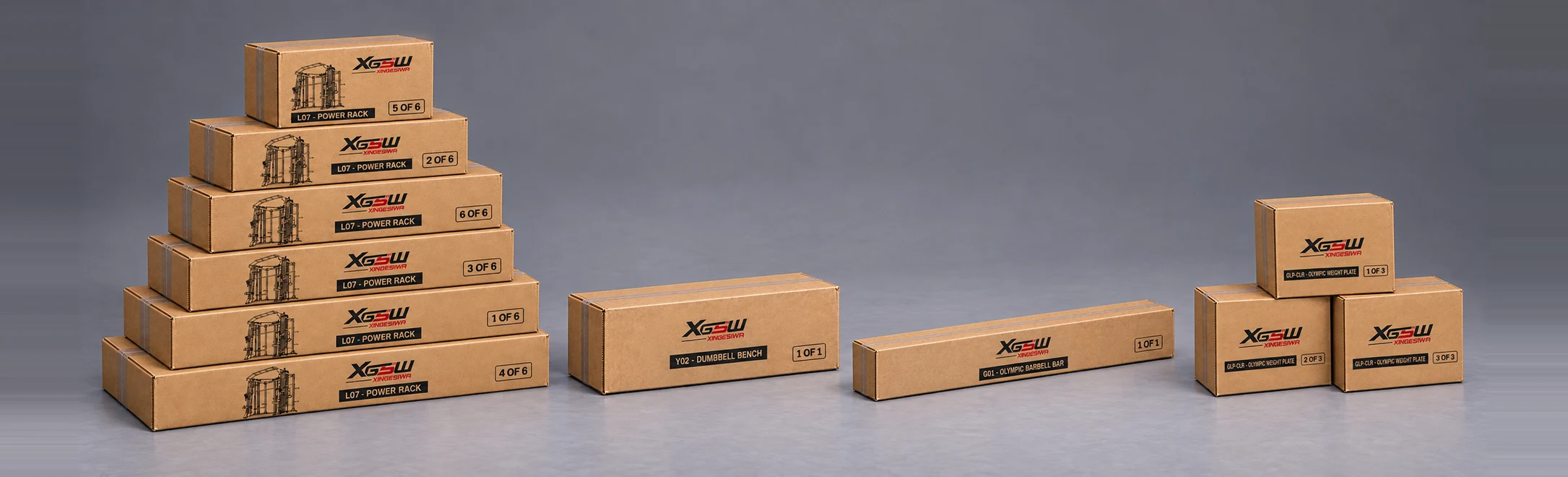 Packaging overview for L07 D: Power Rack + Weight Bench + Olympic Barbell + Rubber Plates, 11 boxes.