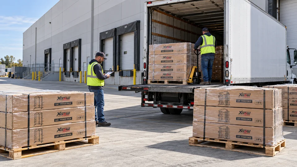 Warehouse workers check and load palletized Power Rack cartons into a truck at an outdoor loading area.