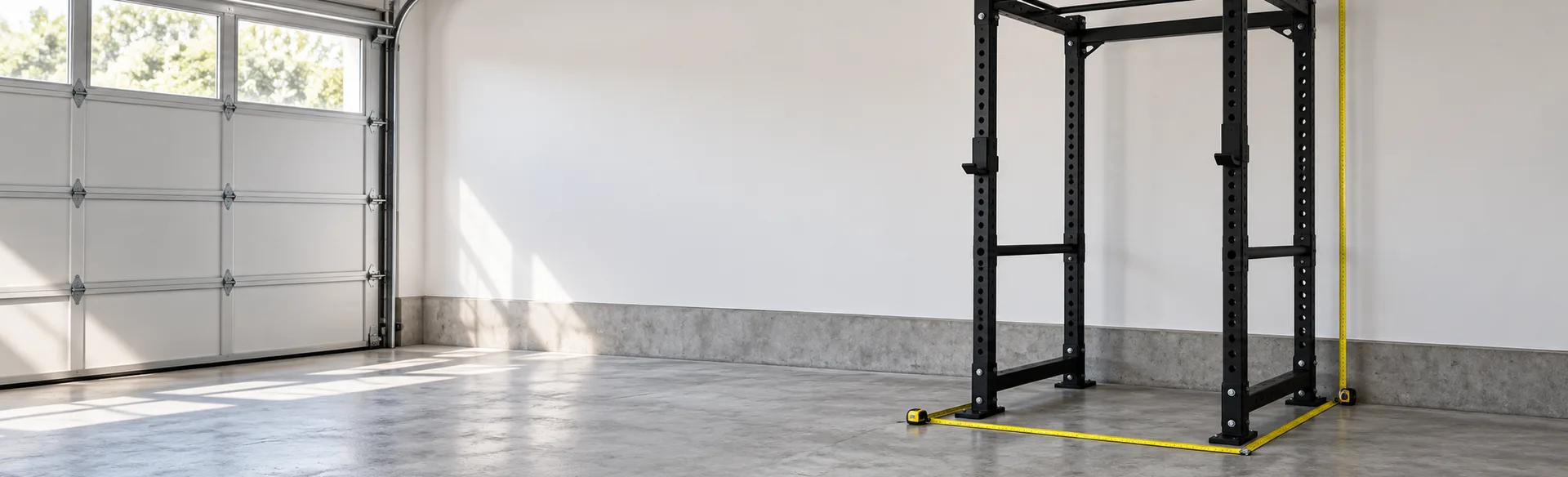 A power rack in a garage with tape measures marking its floor space and height