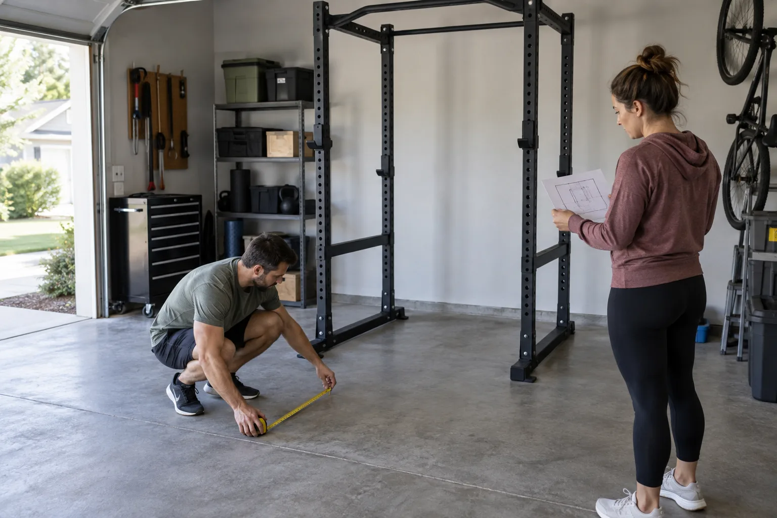 Two adults planning floor space beside an unbranded Power Rack in a home garage