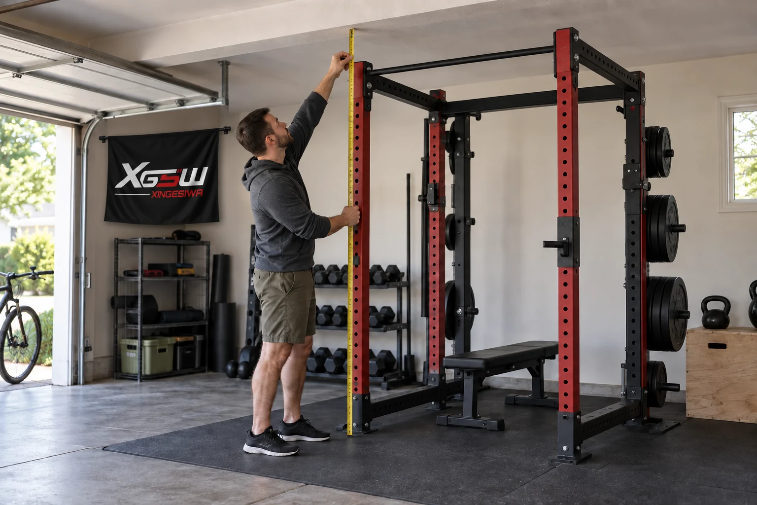 A homeowner measures clearance above a power rack in a garage gym.