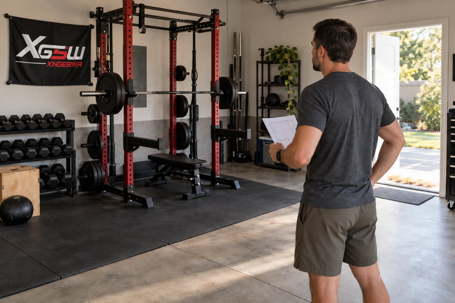 A homeowner reviews a garage gym layout beside a power rack.
