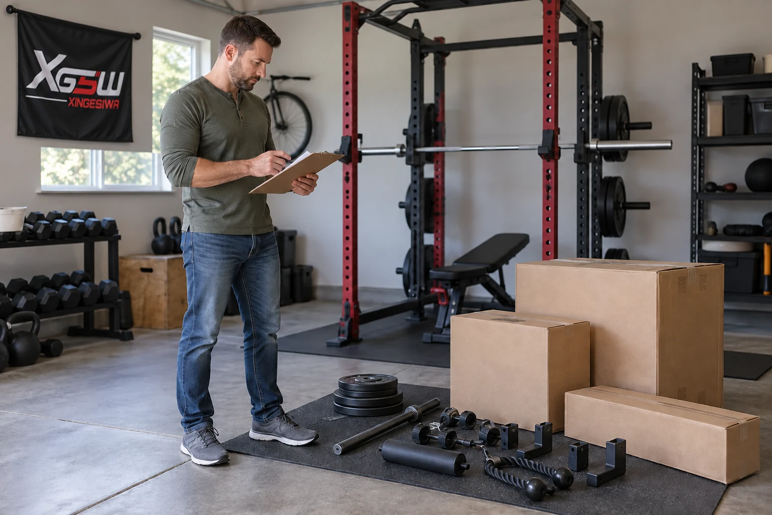 A homeowner checks a package list beside a power rack and delivery boxes.