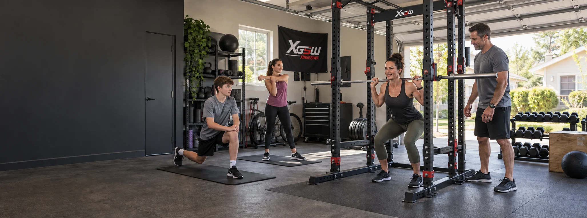 Concept image of parents training by a Power Rack while two teenagers warm up separately in a daylight garage