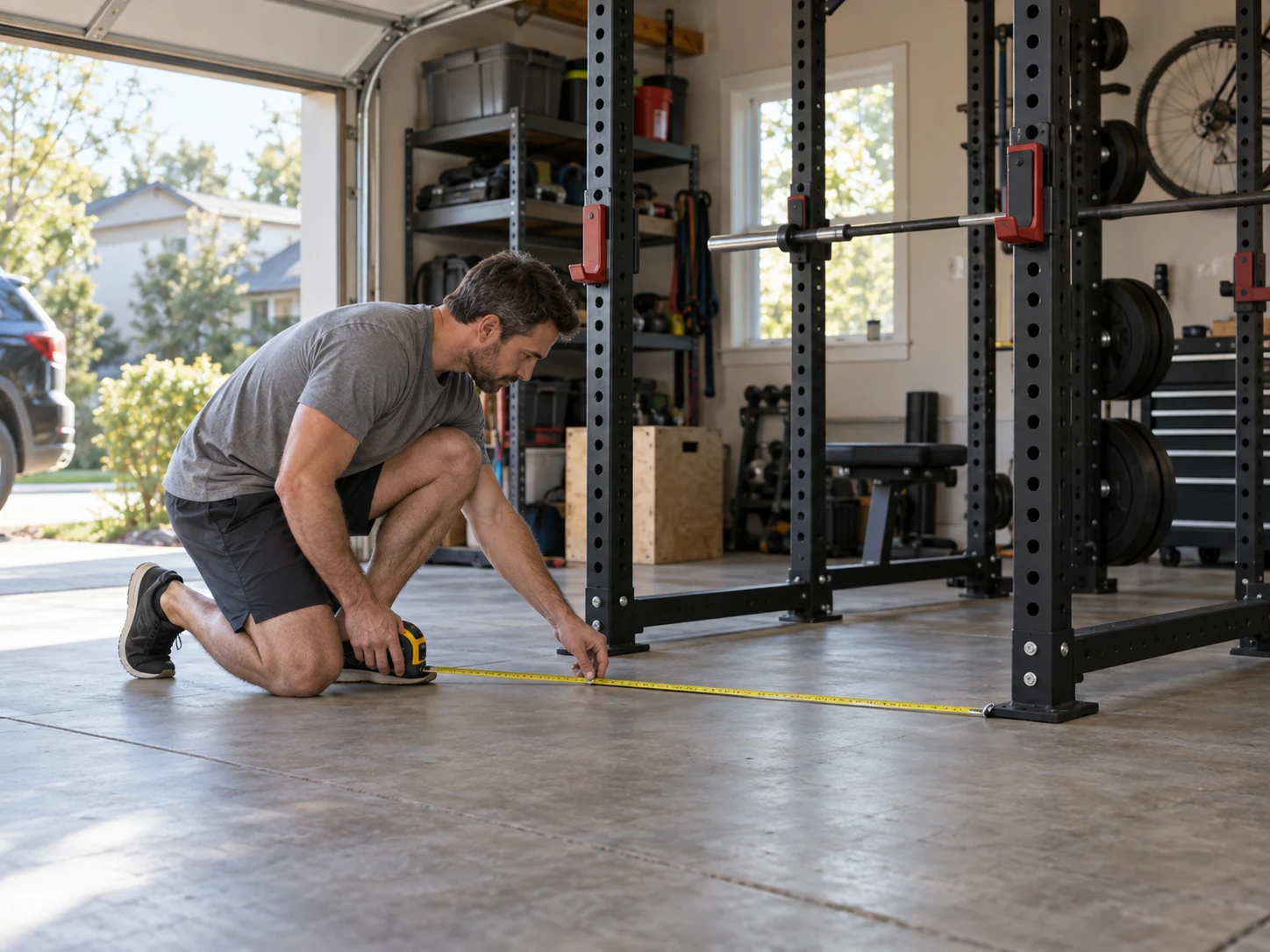 Concept image of an adult measuring floor space beside a Power Rack in a home garage