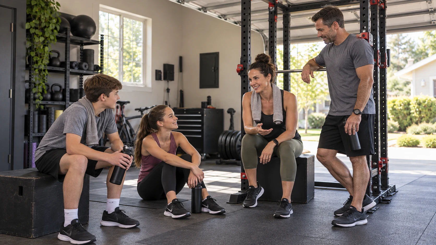 Concept image of two parents and two teenagers talking together after a home workout