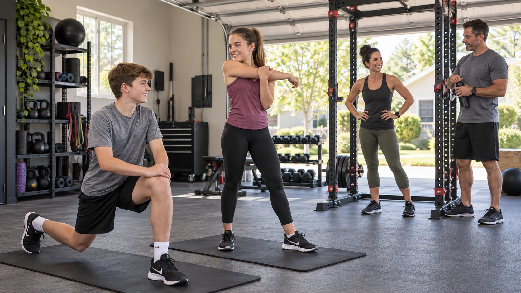 Concept image of two teenagers warming up on mats while their parents prepare near a Power Rack