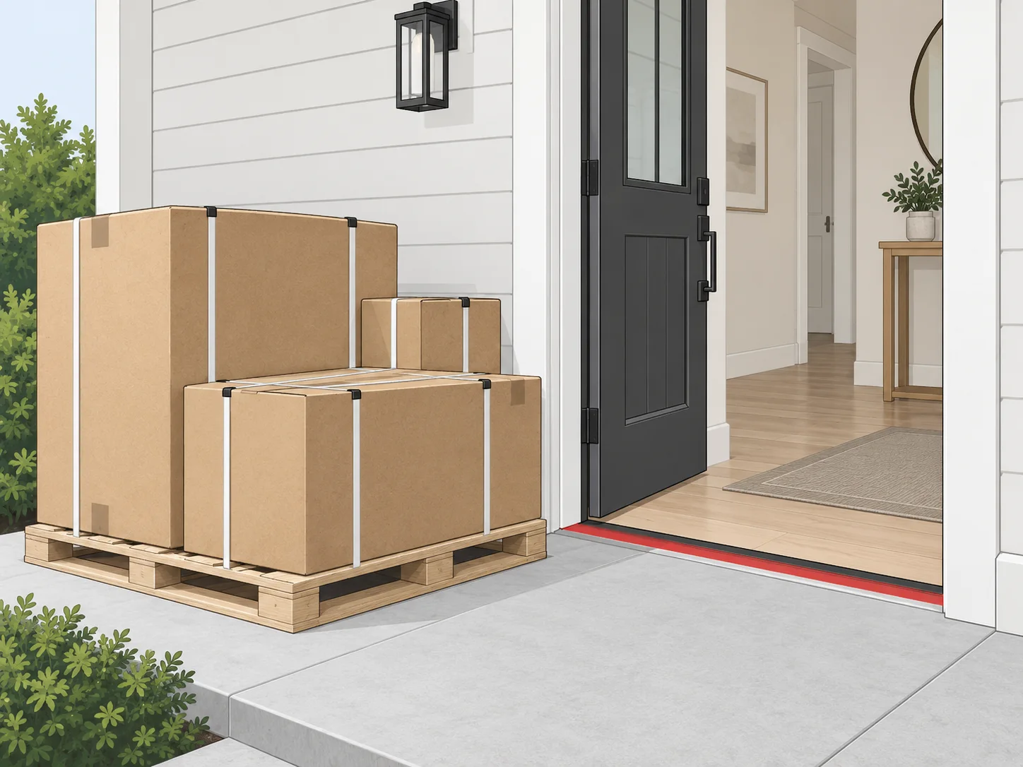 Freight cartons placed outside a home's front door, with a red line marking the delivery threshold.