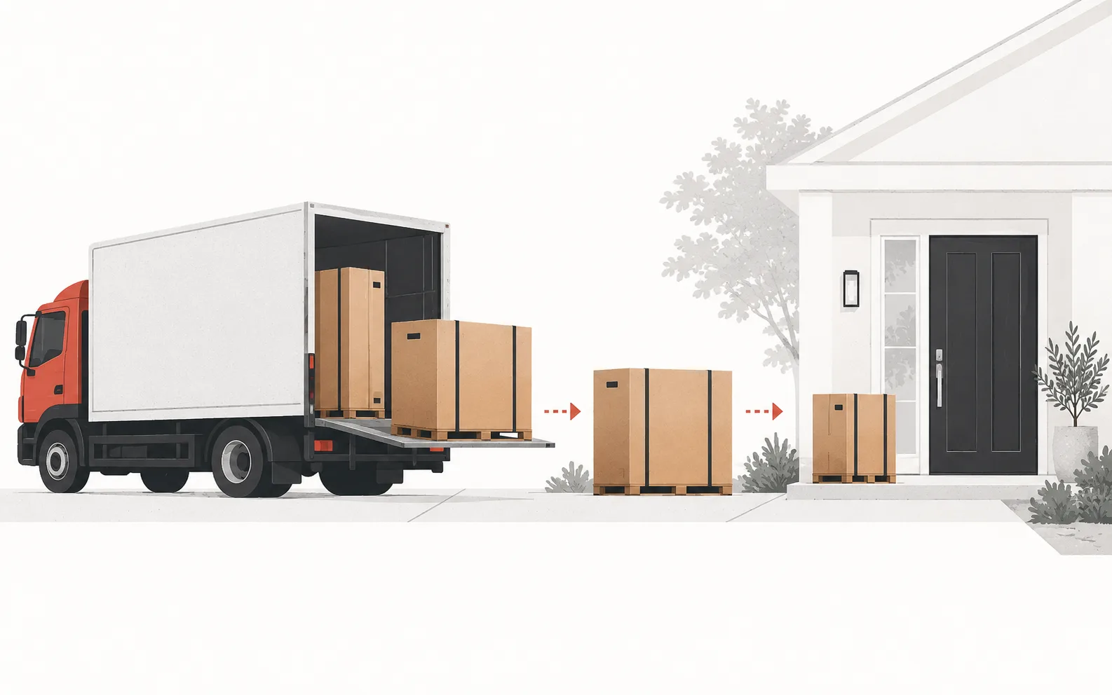 A freight truck and shipment cartons on the way to a home's front door.