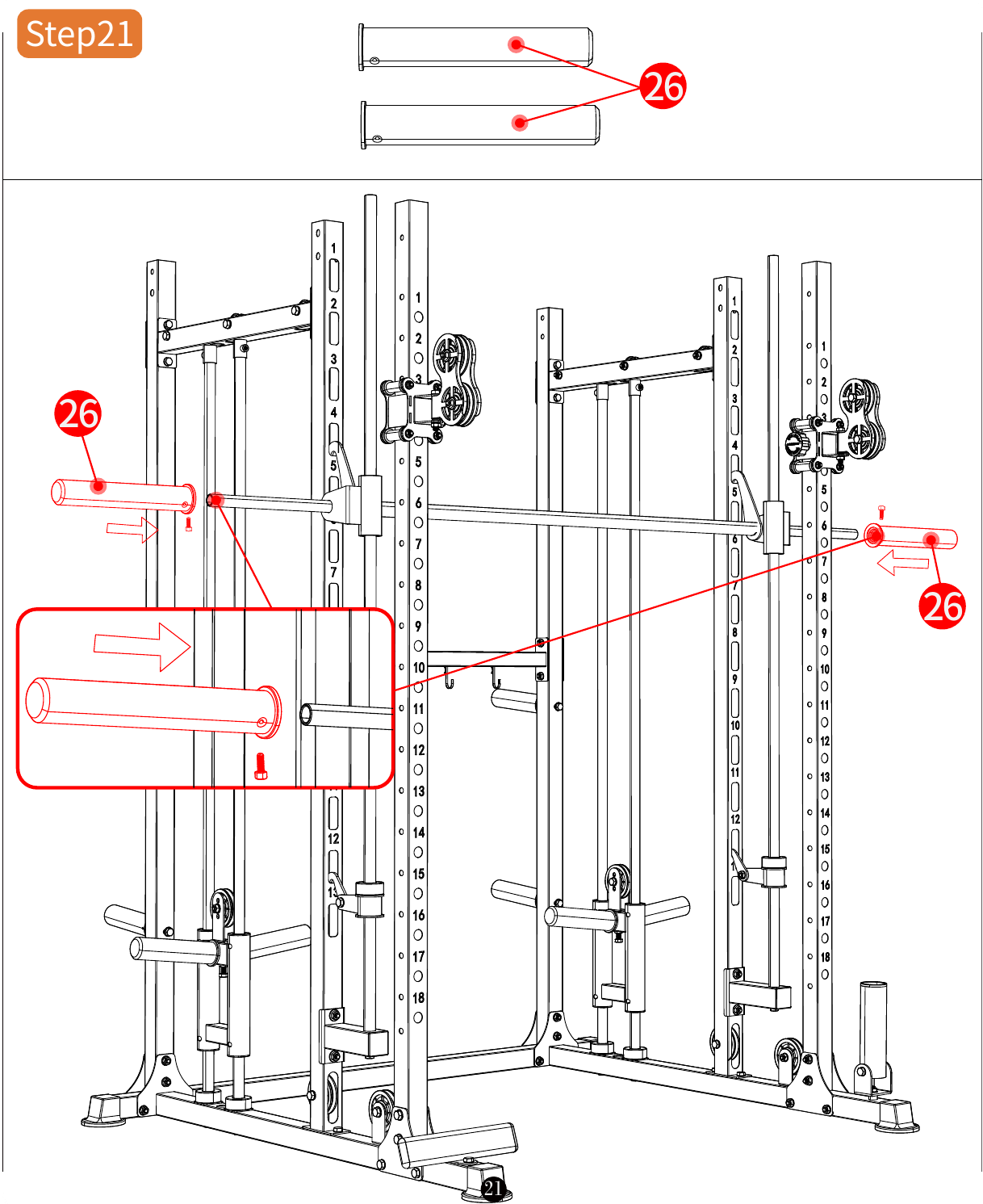L04 installation diagram for Step 21: Adjust the Barbell Supports